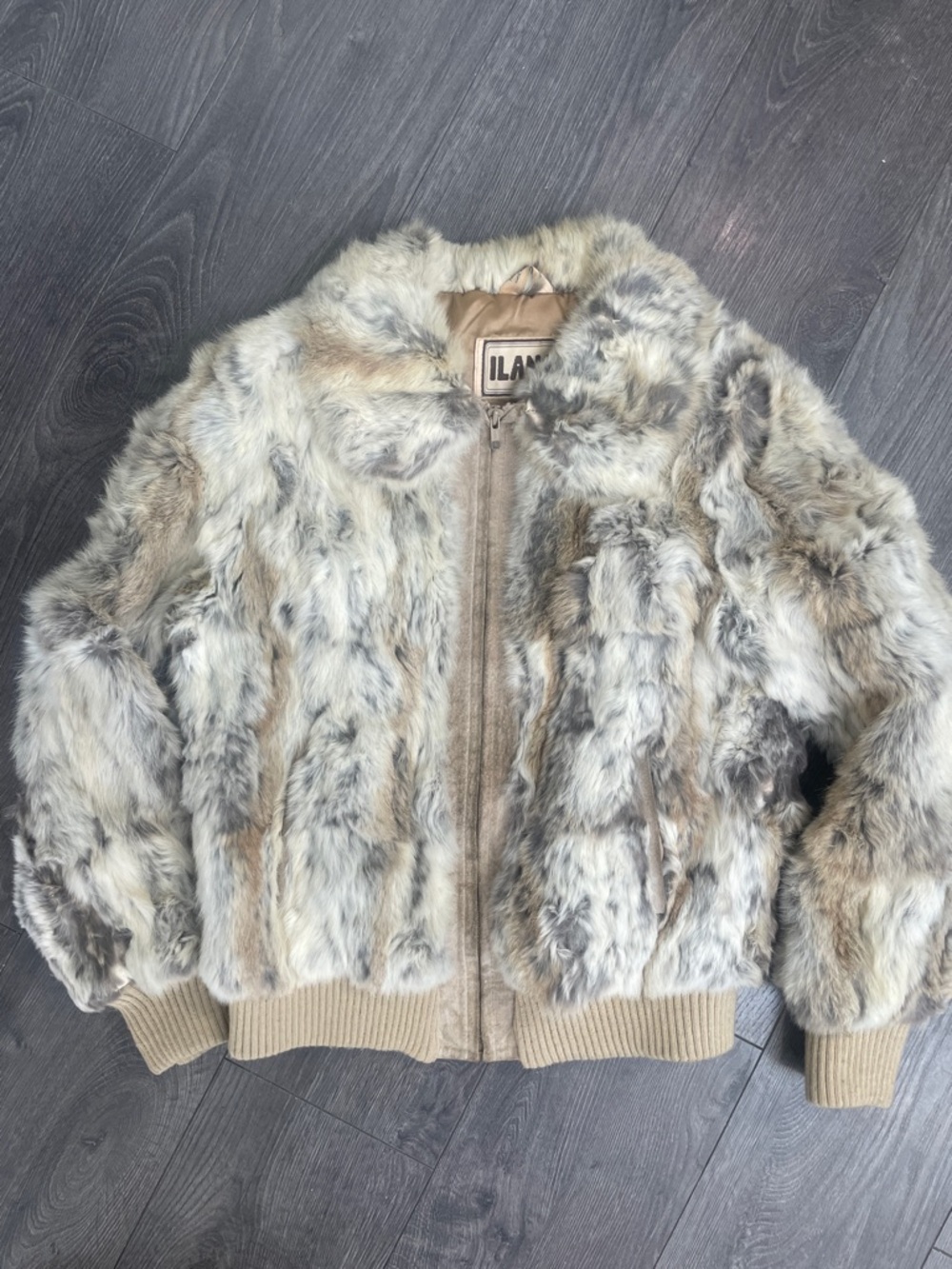 ILAN Rabbit Fur Bomber Jacket in Multitone Taupe